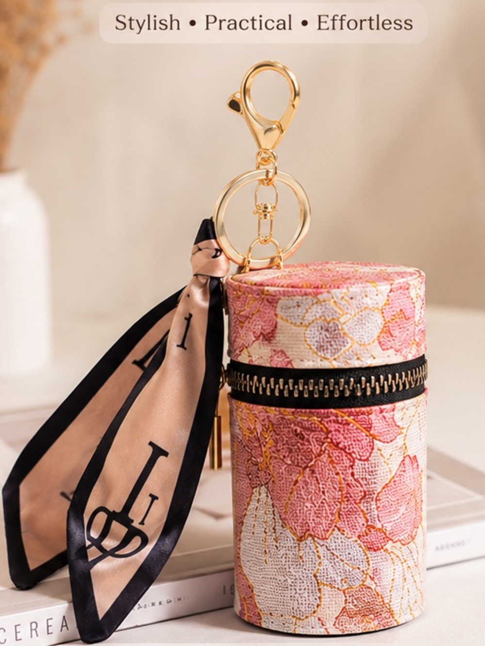 Luxe Scarf Floral Pink Gold Cylinder Zipper Keychain Pouch Coin Purse